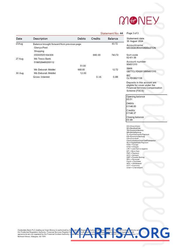 Blank United Kingdom Virgin Money bank statement word 3 pages 2 template